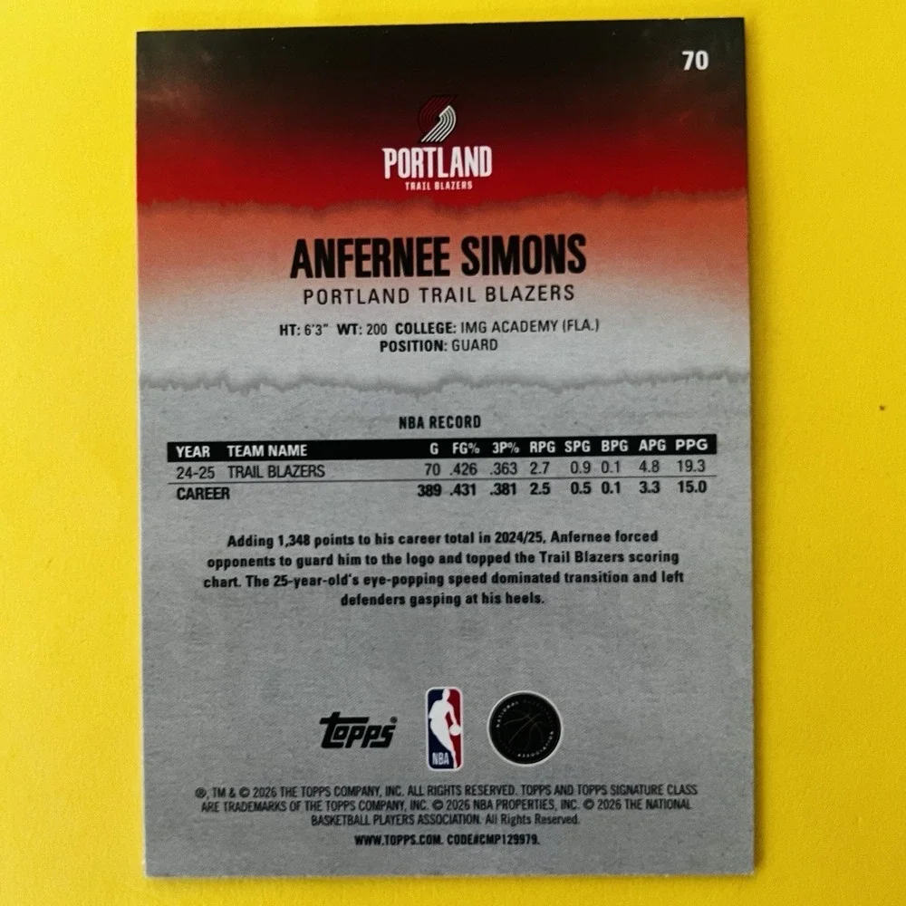 2025-26 Topps Signature Class Round 1 Pick 24 #70 Anfernee Simons Blazers Orange